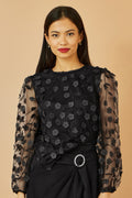 Yumi Black Sheer Sleeve Applique Flower Top