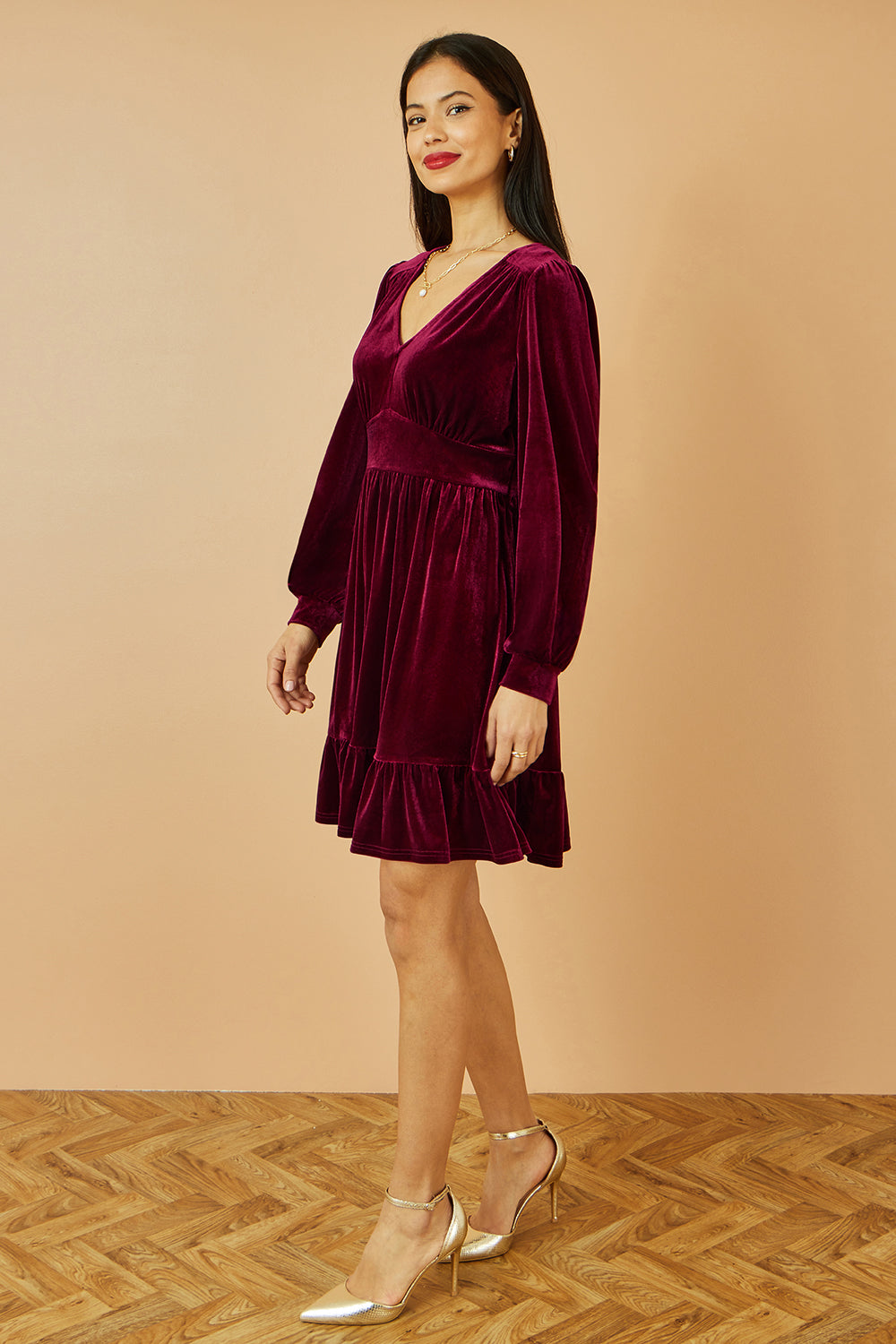 Yumi Burgundy Velvet Long Sleeve Skater Dress