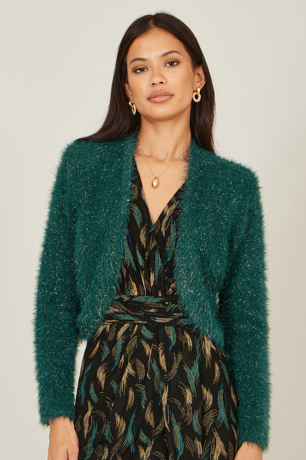 Yumi Green Metallic Fluffy Eyelash Bolero