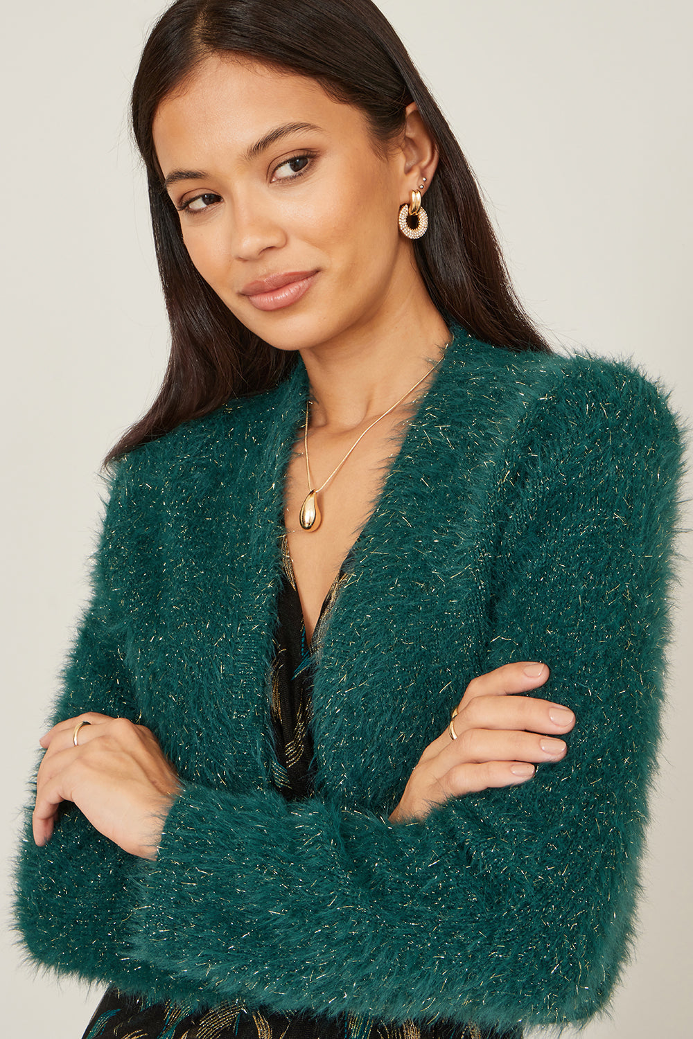 Yumi Green Metallic Fluffy Eyelash Bolero
