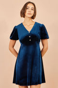 Yumi Navy Velvet Skater Dress With Dimante Bow Detail