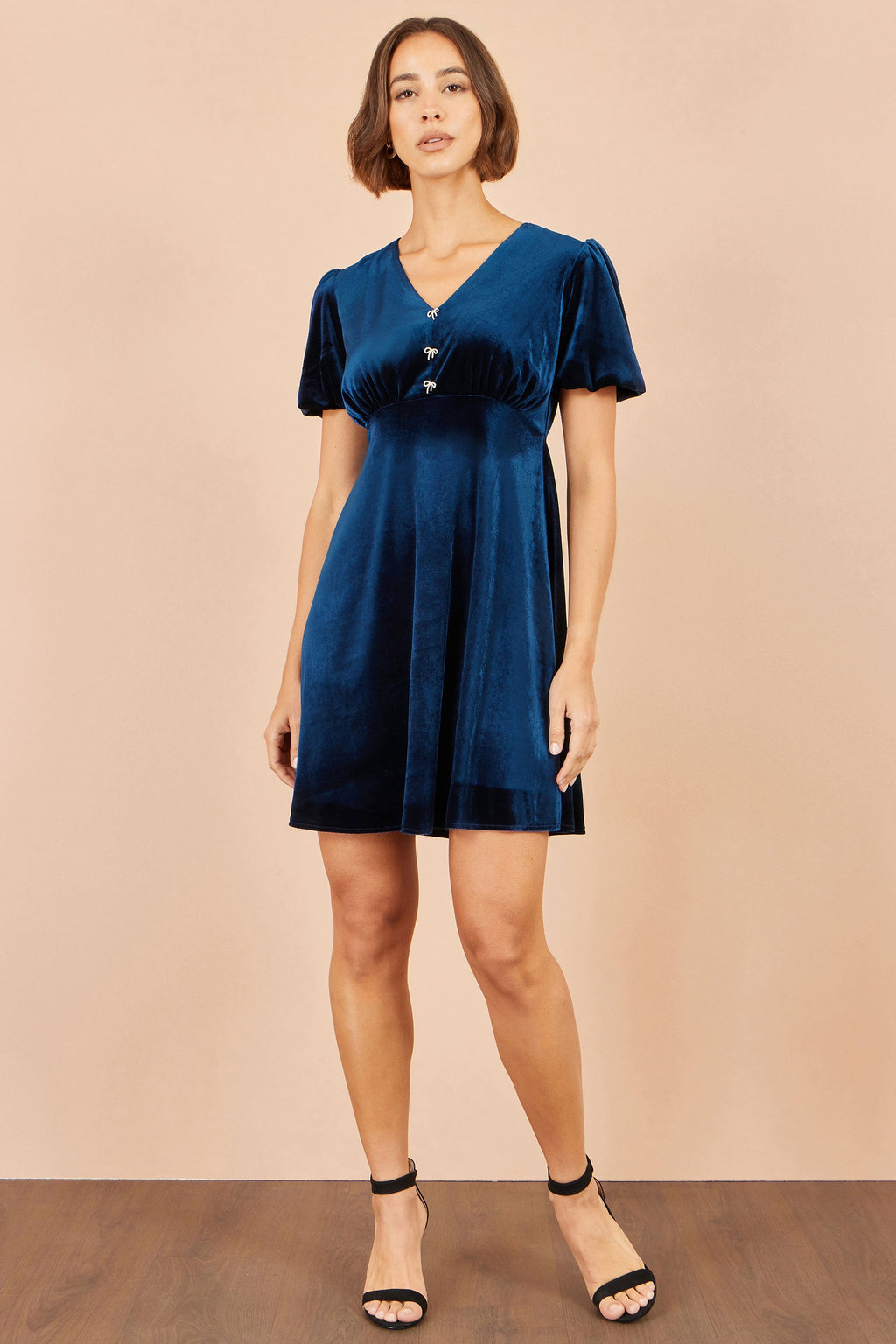 Yumi Navy Velvet Skater Dress With Dimante Bow Detail