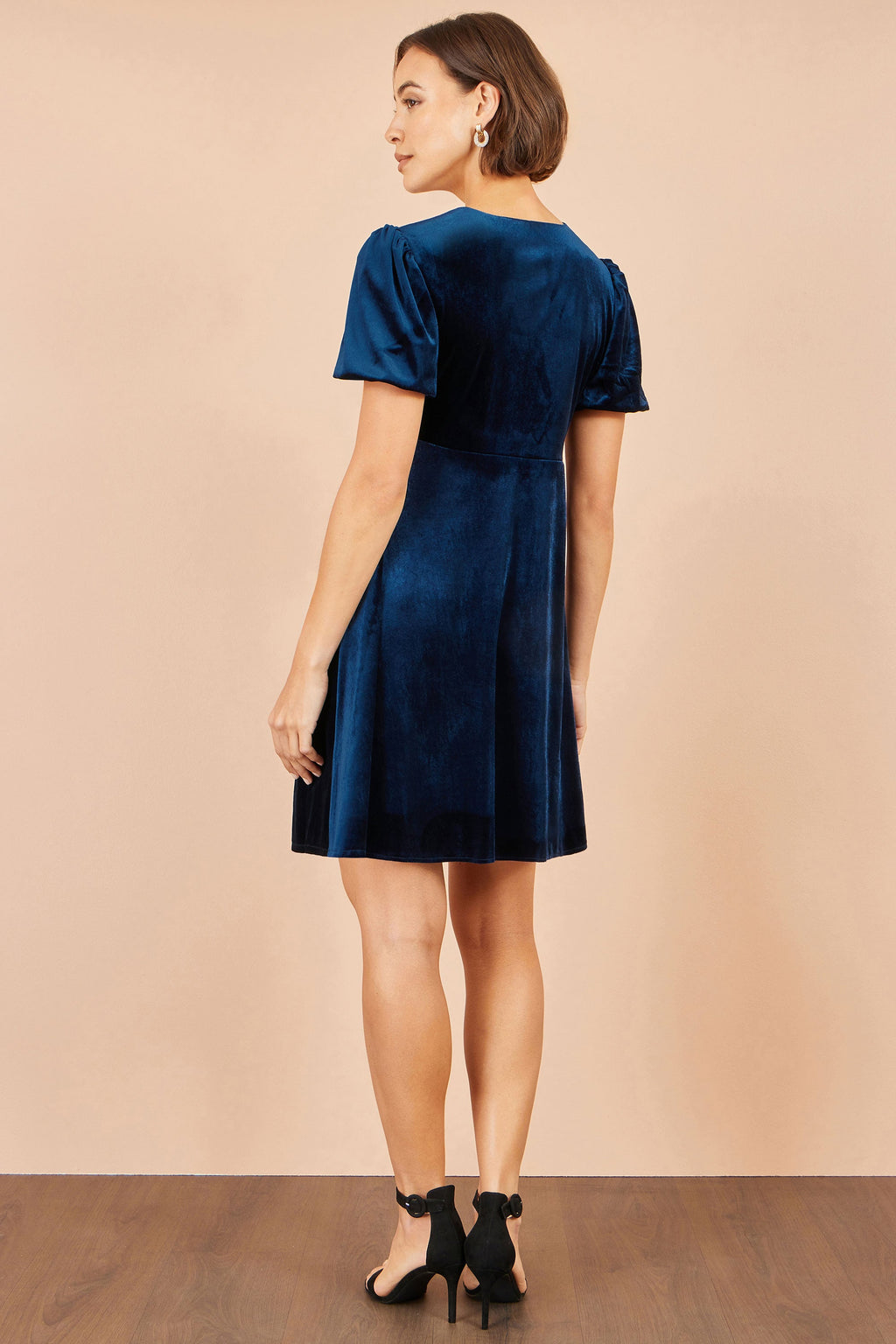 Yumi Navy Velvet Skater Dress With Dimante Bow Detail