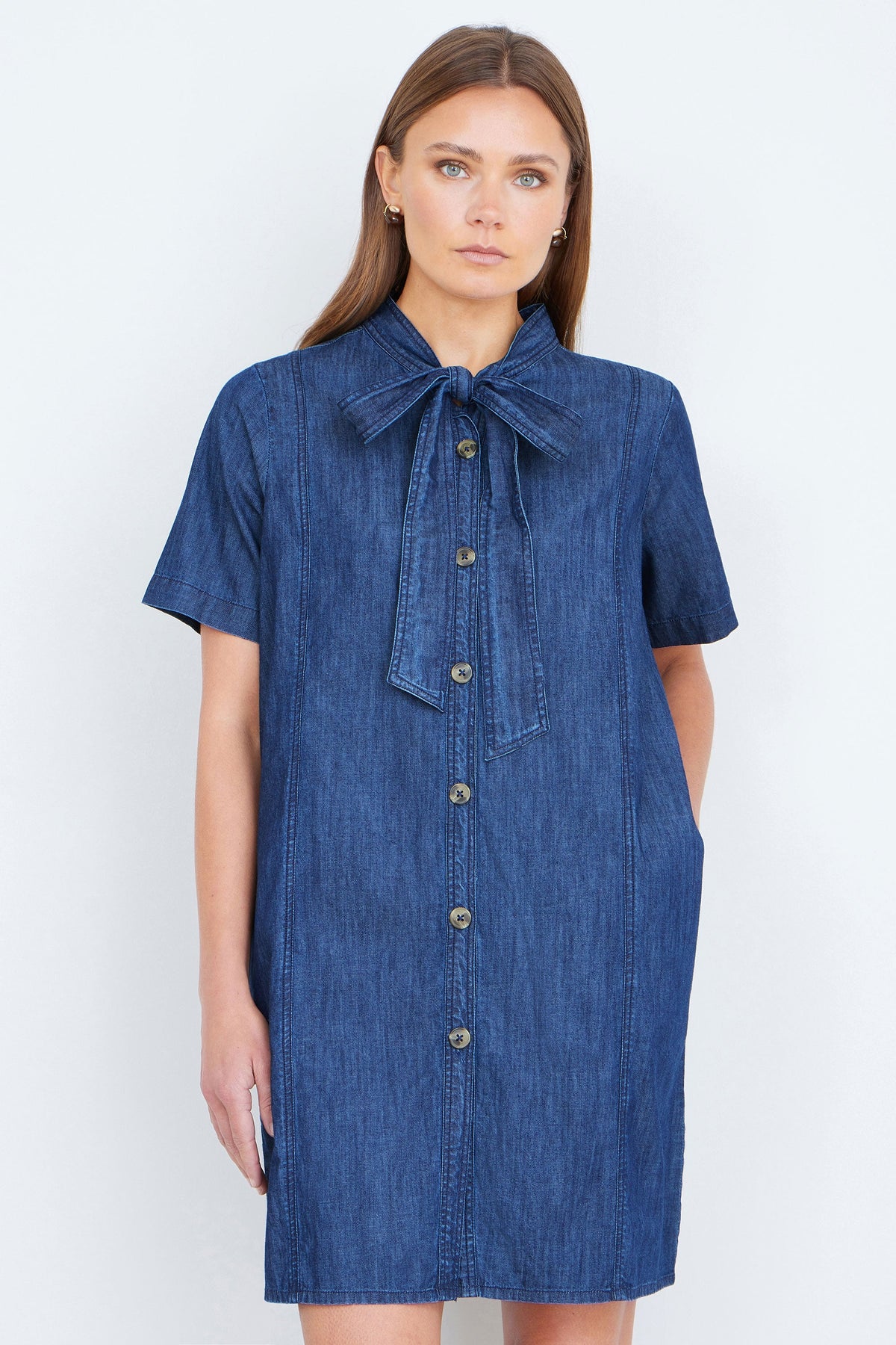 Yumi Blue Chambray Tunic With Pussy Bow Tie