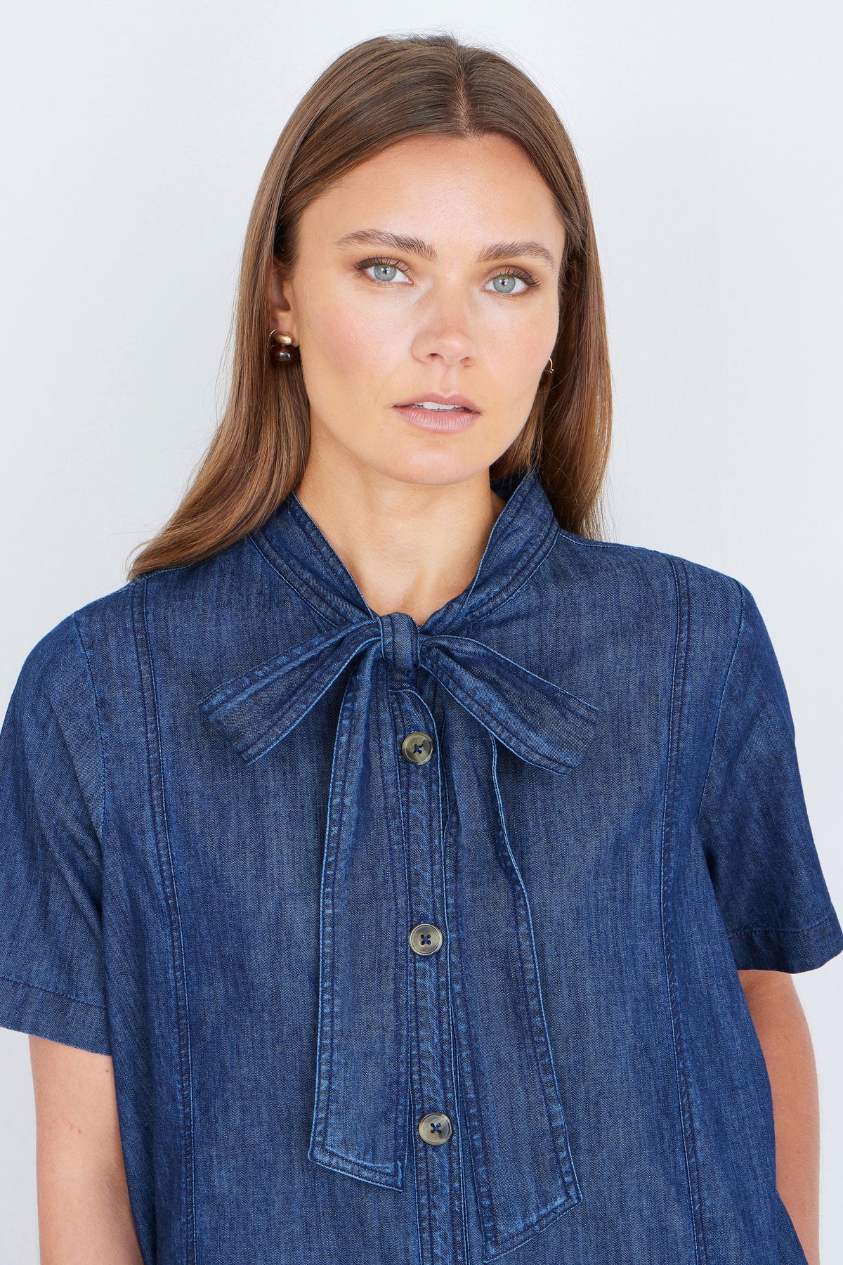 Yumi Blue Chambray Tunic With Pussy Bow Tie