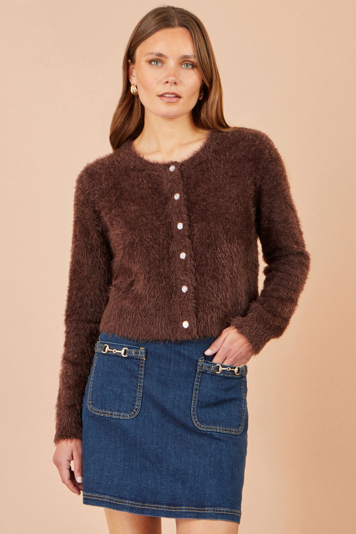 Yumi Brown Eyelash Knit Cropped Cardigan