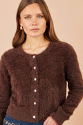 Yumi Brown Eyelash Knit Cropped Cardigan