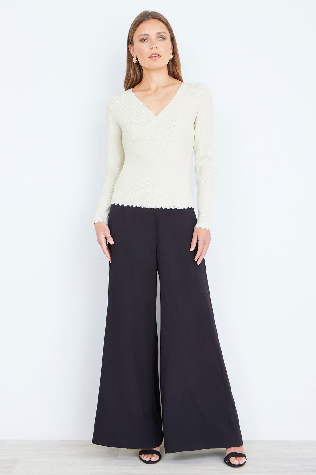 Yumi Ivory Metallic Thread Rib Wrap Knitted Top