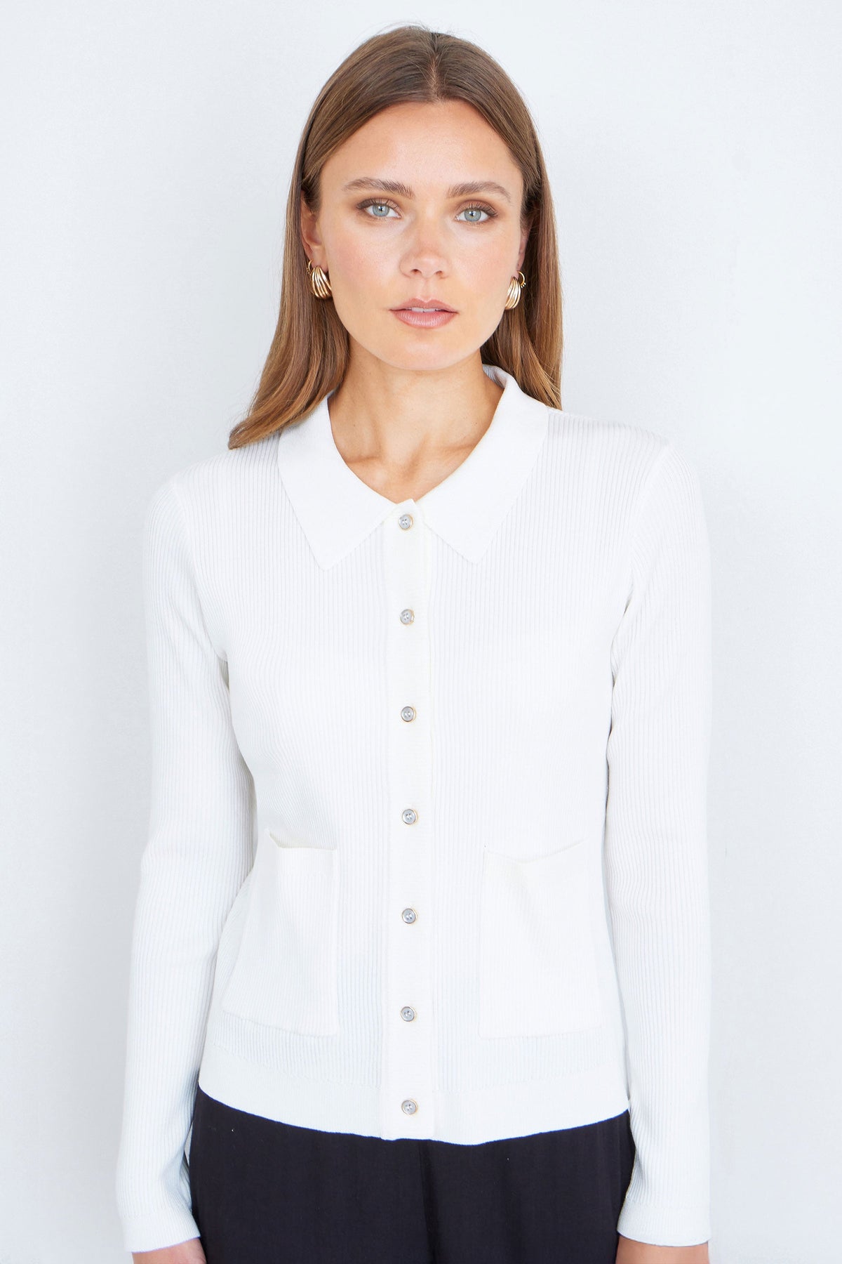 Yumi Ivory Ribbed Collar Button Up Cardigan