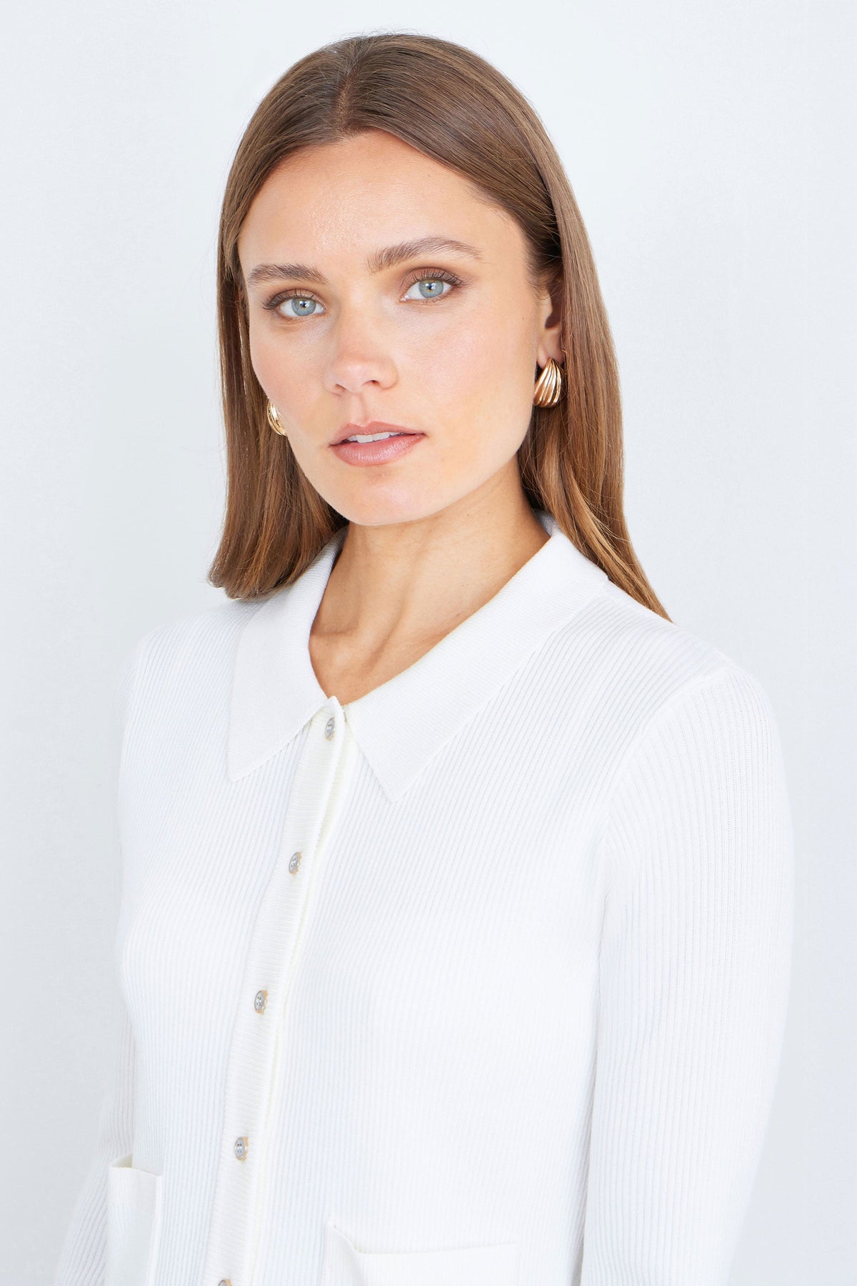 Yumi Ivory Ribbed Collar Button Up Cardigan