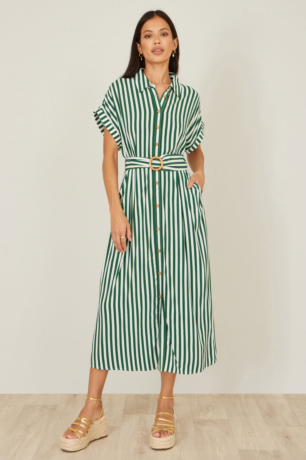 Yumi Green Stripe Print Relaxed Midi Shirt Dress With Belt