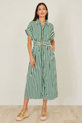 Yumi Green Stripe Print Relaxed Midi Shirt Dress With Belt