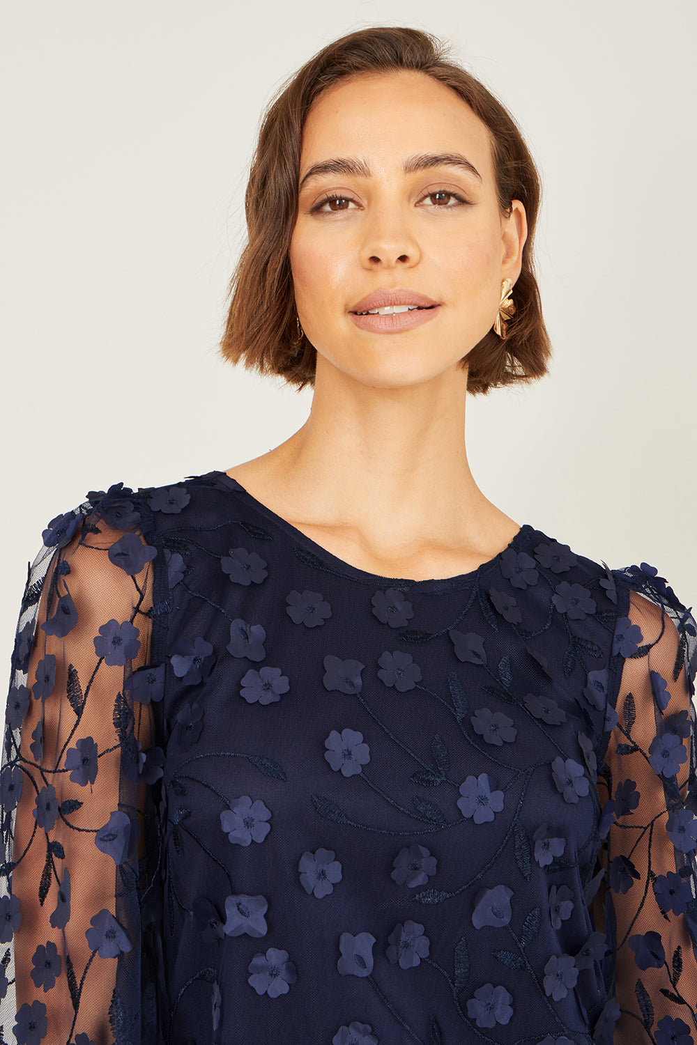 Yumi Navy Long Sleeve Floral Applique Tunic