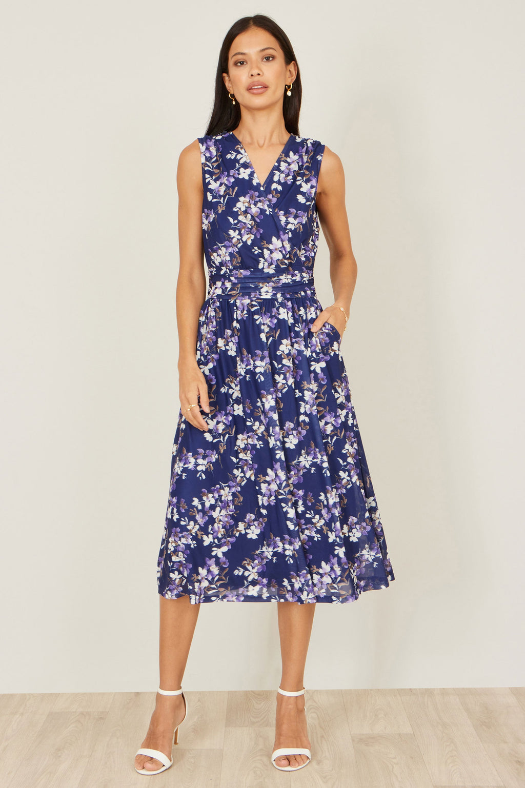 Yumi Navy Blossom Print Mesh Stretch Midi Dress With Pockets