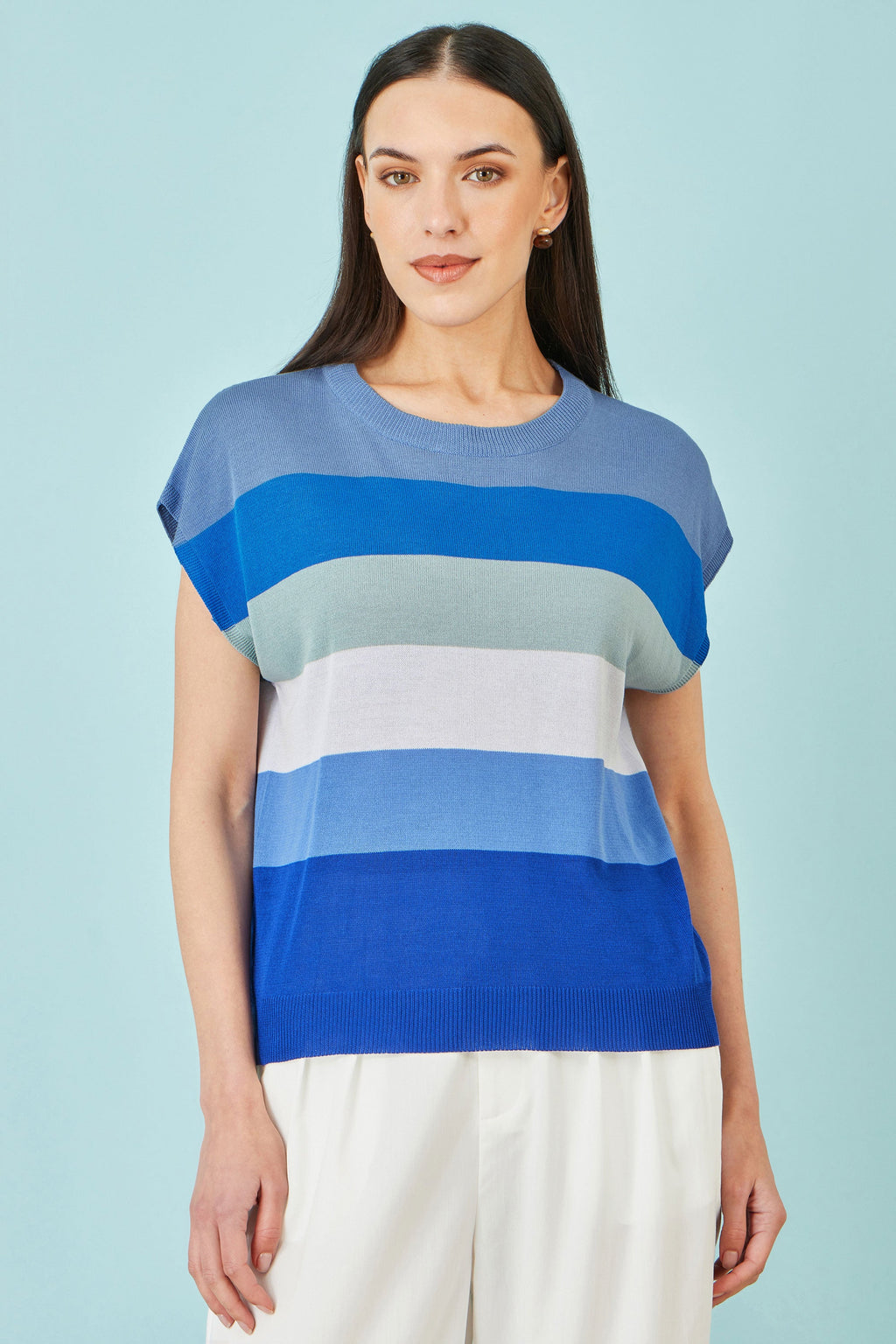 Yumi Blue Block Stripe Relaxed Knitted Top