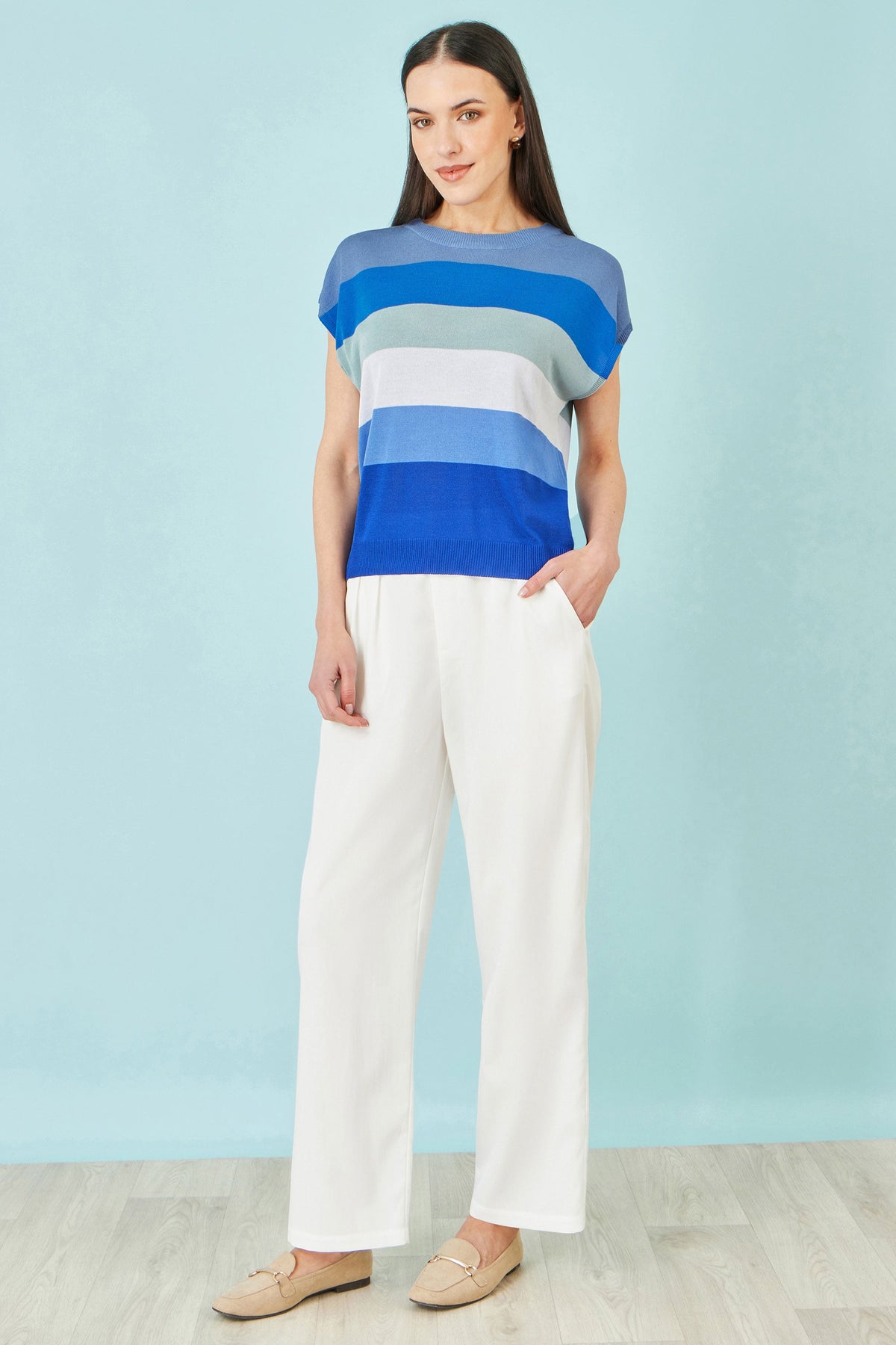 Yumi Blue Block Stripe Relaxed Knitted Top