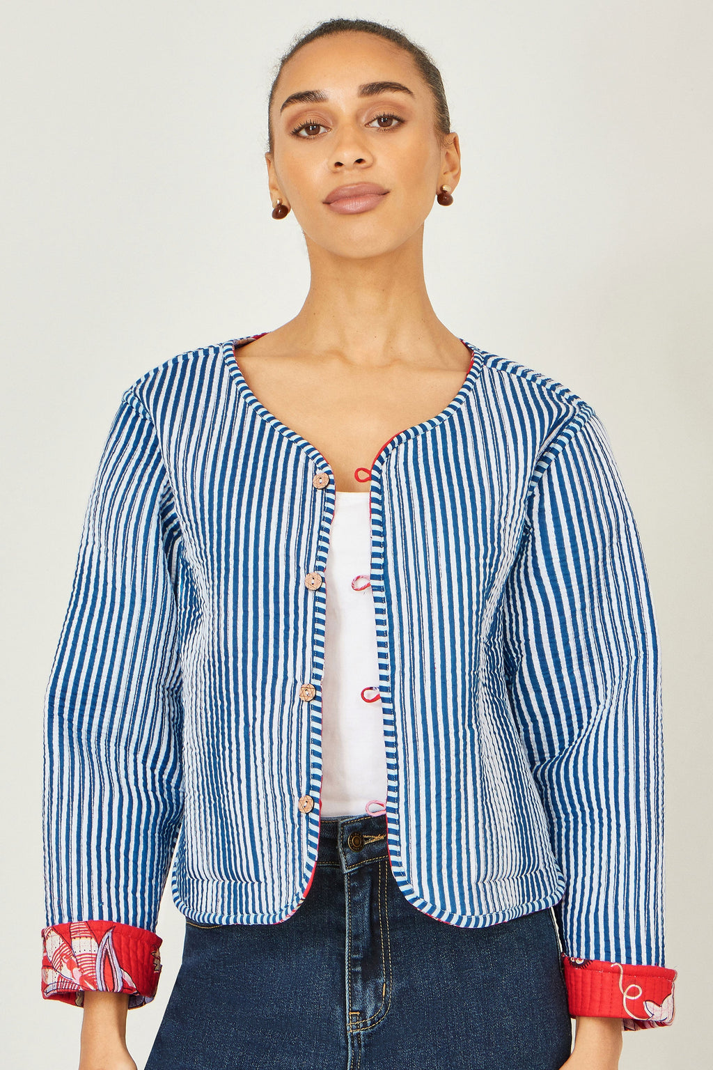Yumi Red Boho Print Cotton Reversible Quilted Jacket