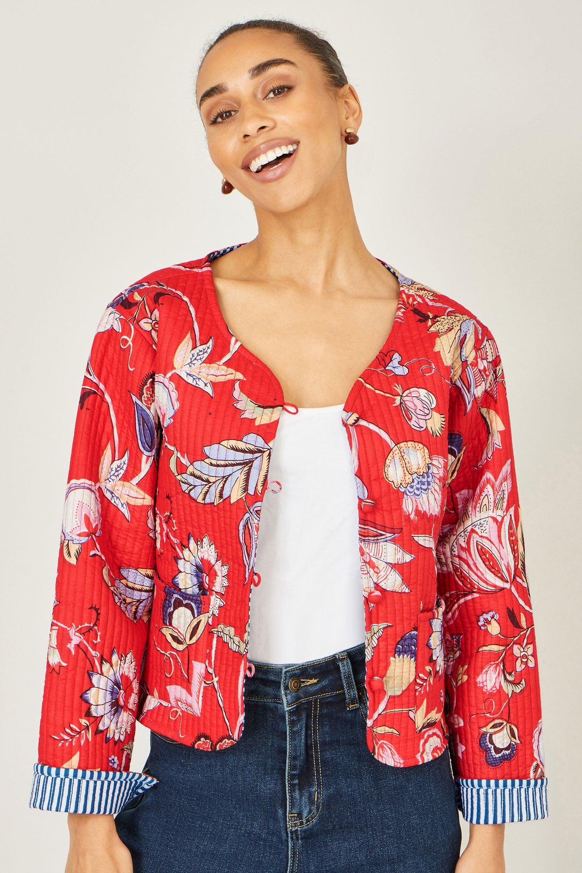 Yumi Red Boho Print Cotton Reversible Quilted Jacket