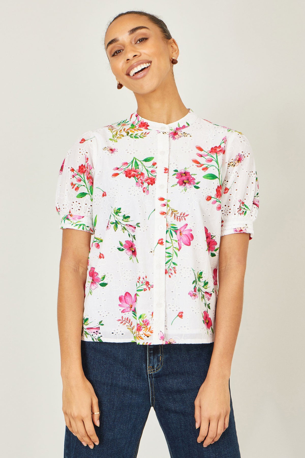 Yumi White Cotton Broderie Anglaise Floral Shirt