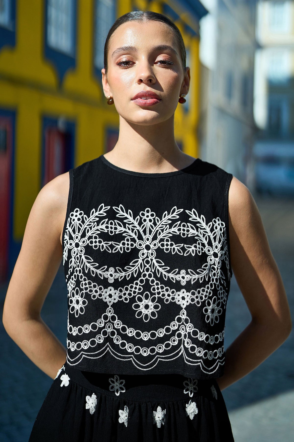 Yumi Black Embroidered Crop Top