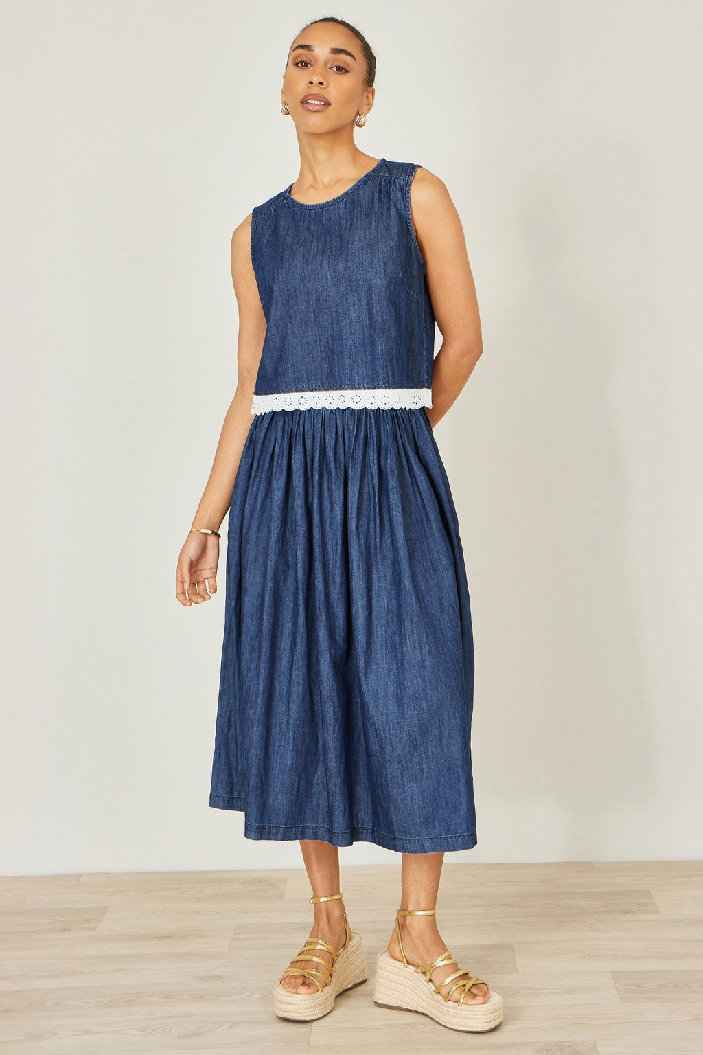 Yumi Blue Denim Chambray Gathered Midi Skirt