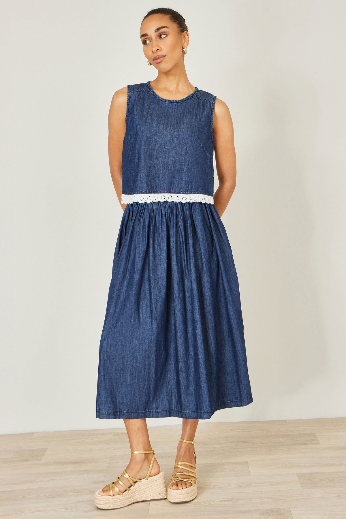 Yumi Blue Denim Chambray Gathered Midi Skirt