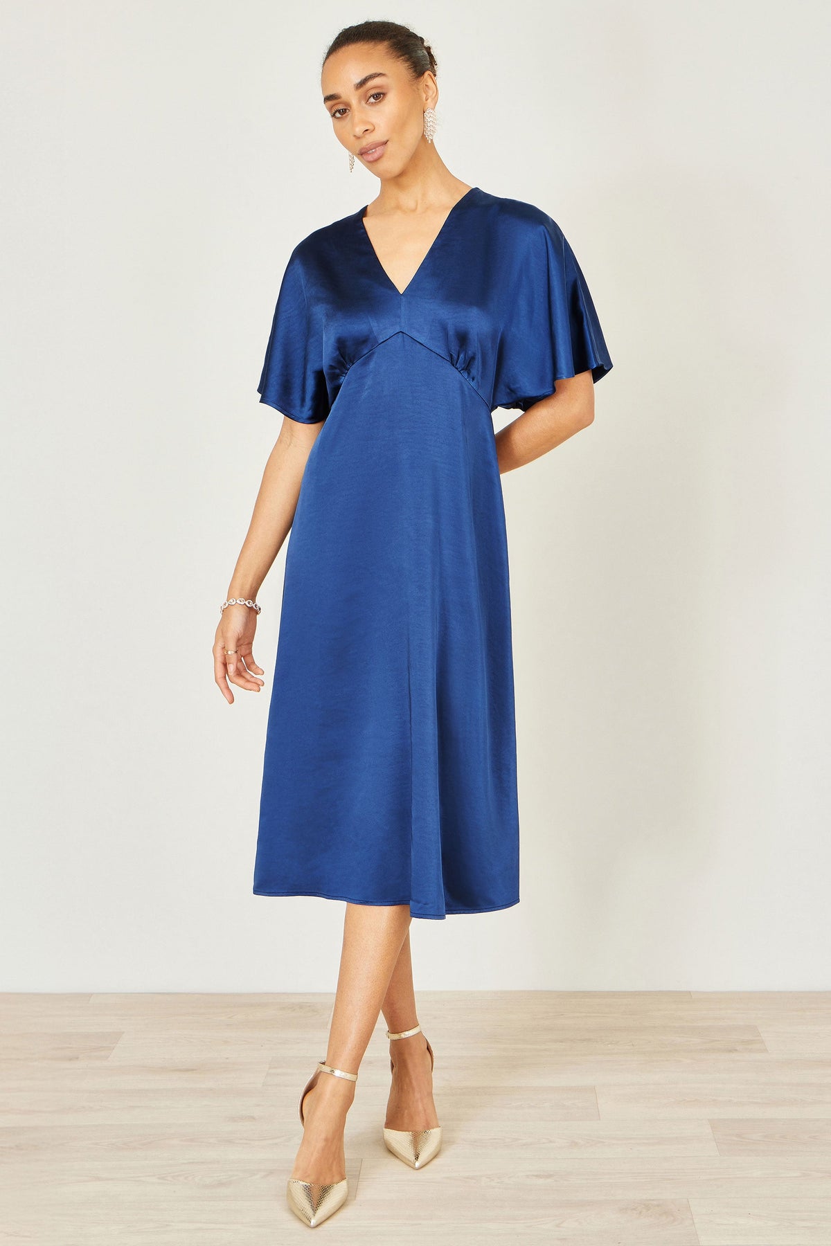 Yumi Navy Satin Midi Kimono Dress