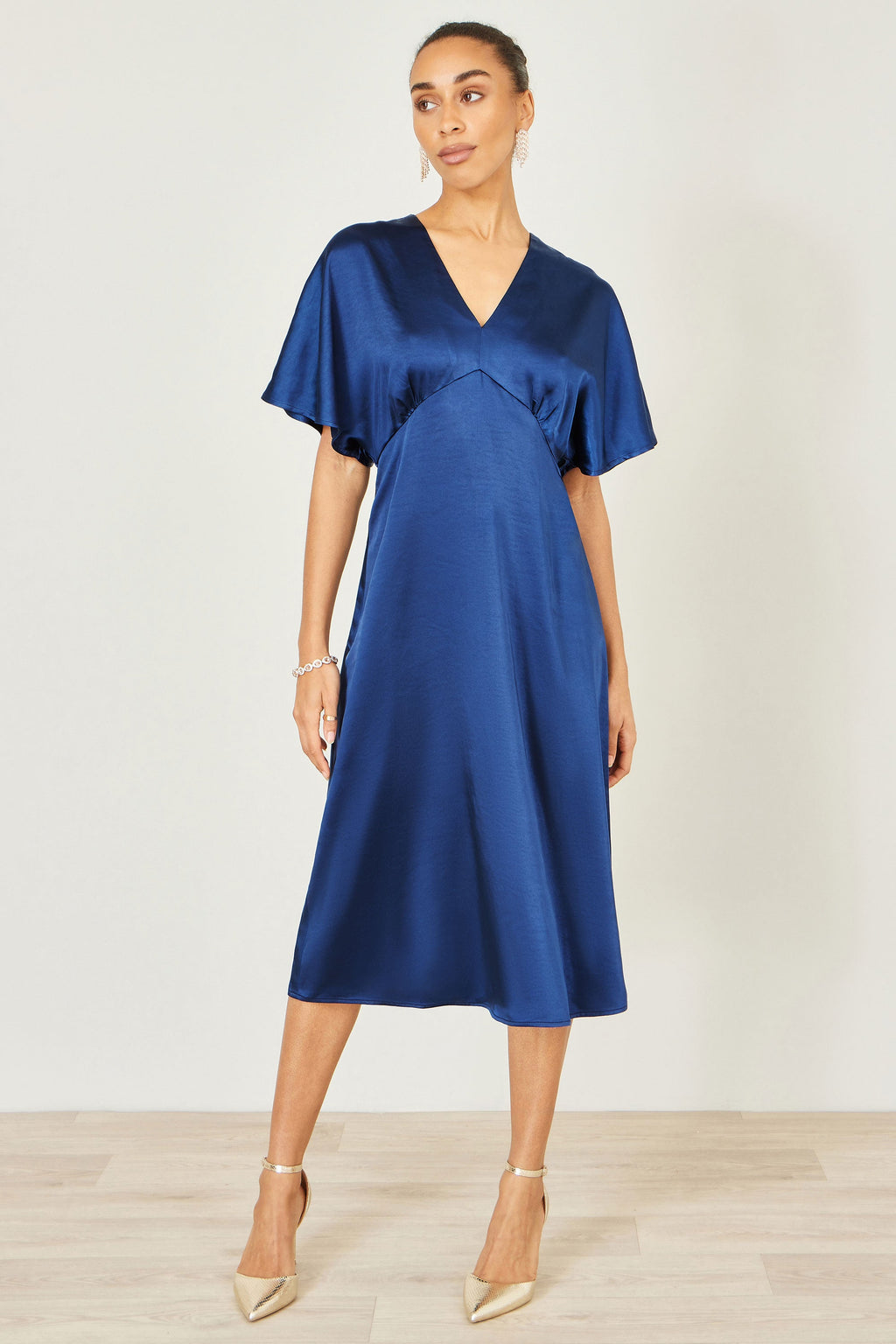 Yumi Navy Satin Midi Kimono Dress