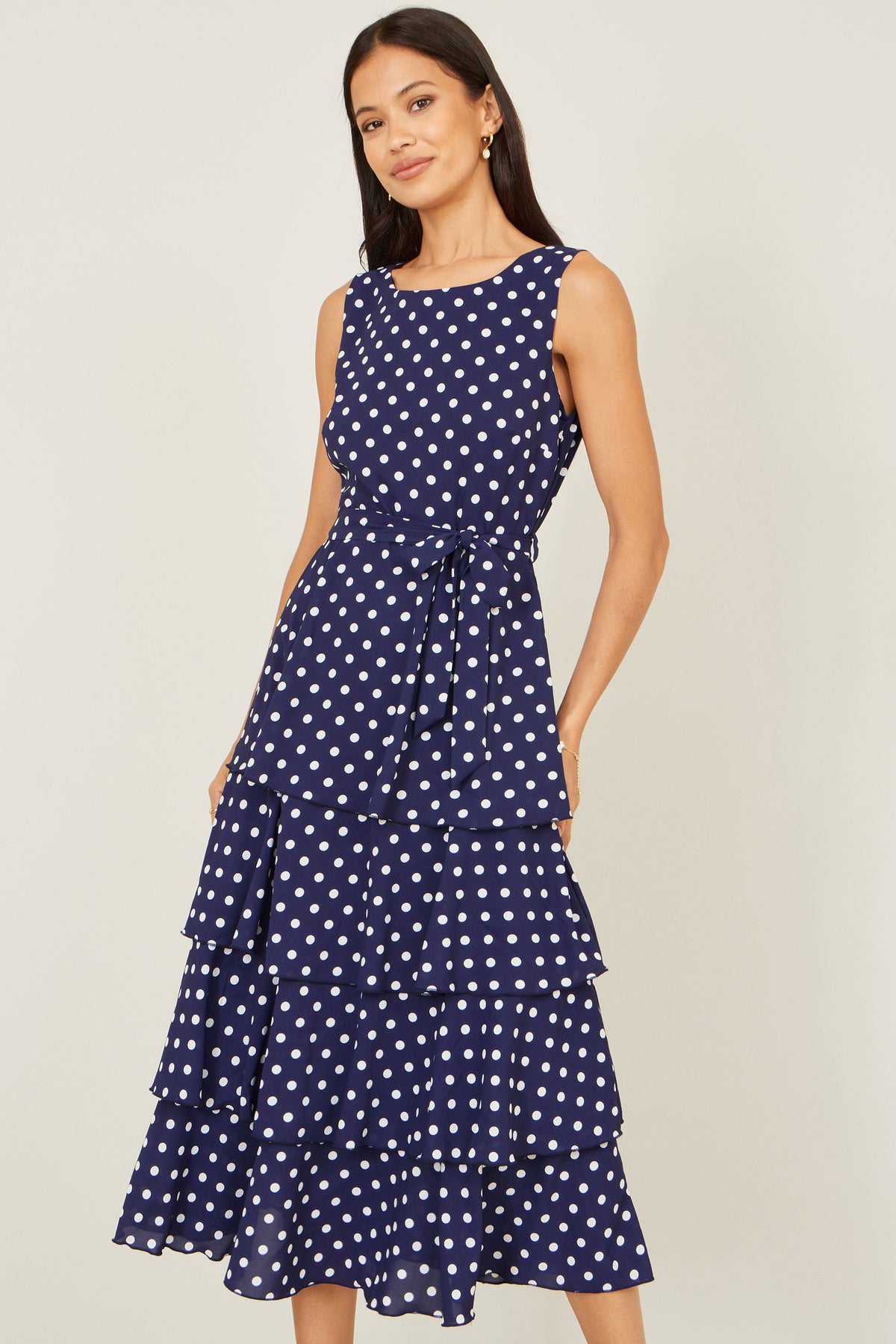 Yumi Navy Spot Tiered Midi Dress