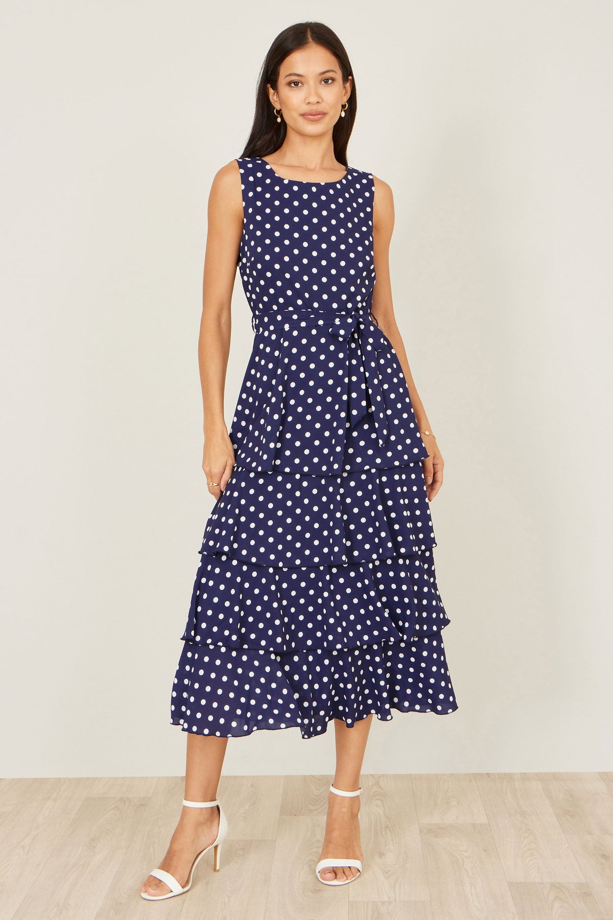 Yumi Navy Spot Tiered Midi Dress