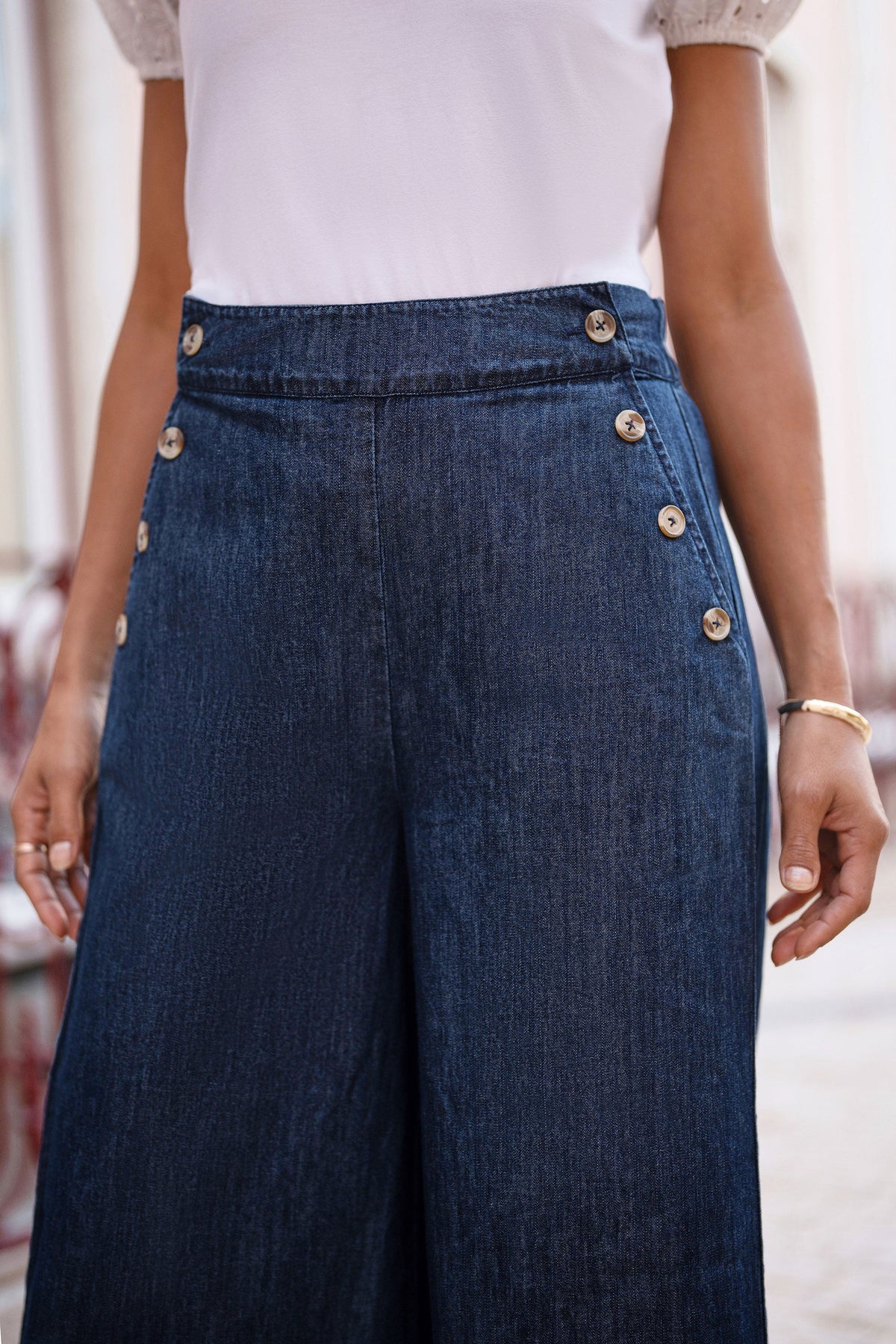 Yumi Blue Chambray Wide Leg Trousers With Button Details