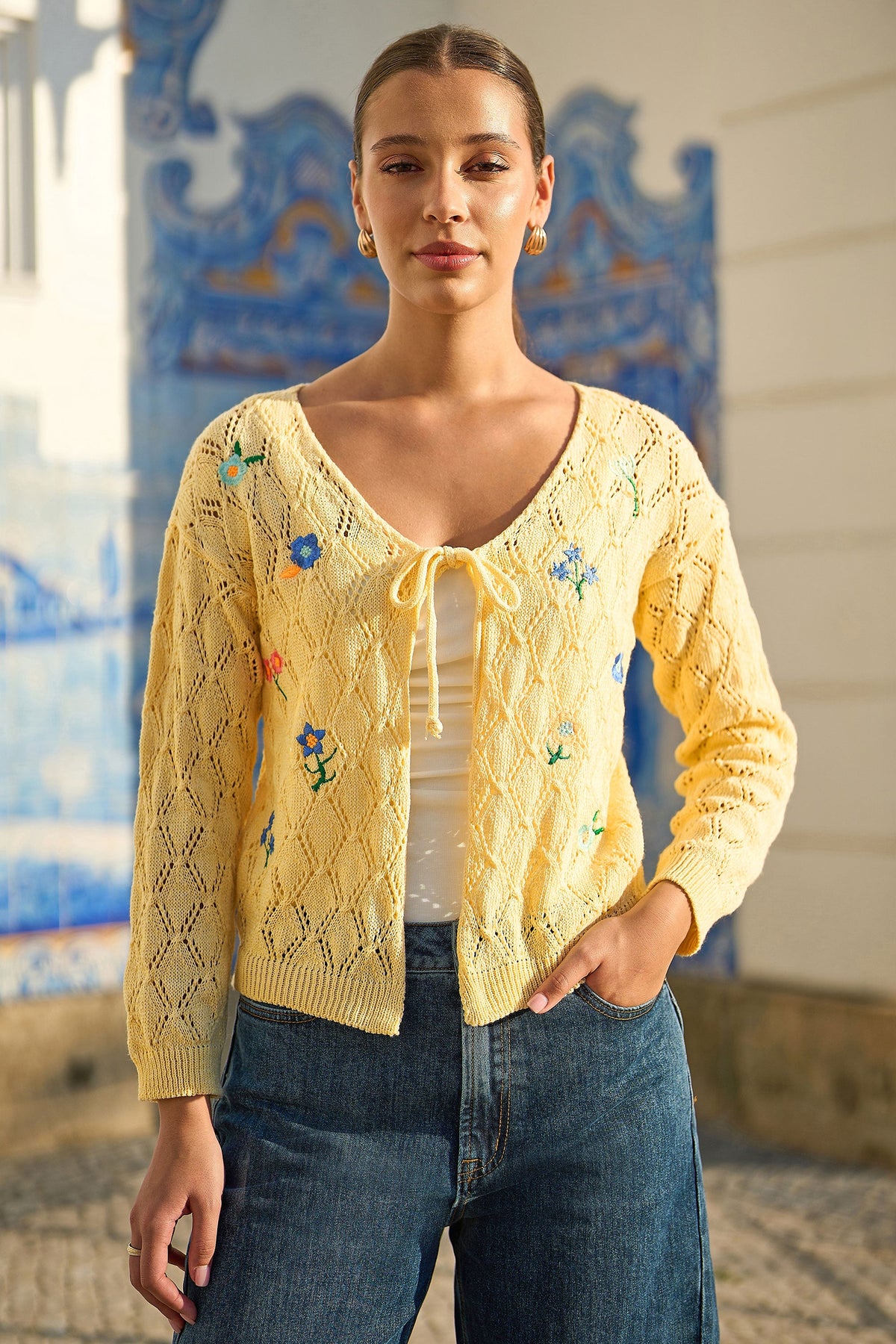 Yumi Butter Yellow Embroidered Pointelle Cardigan