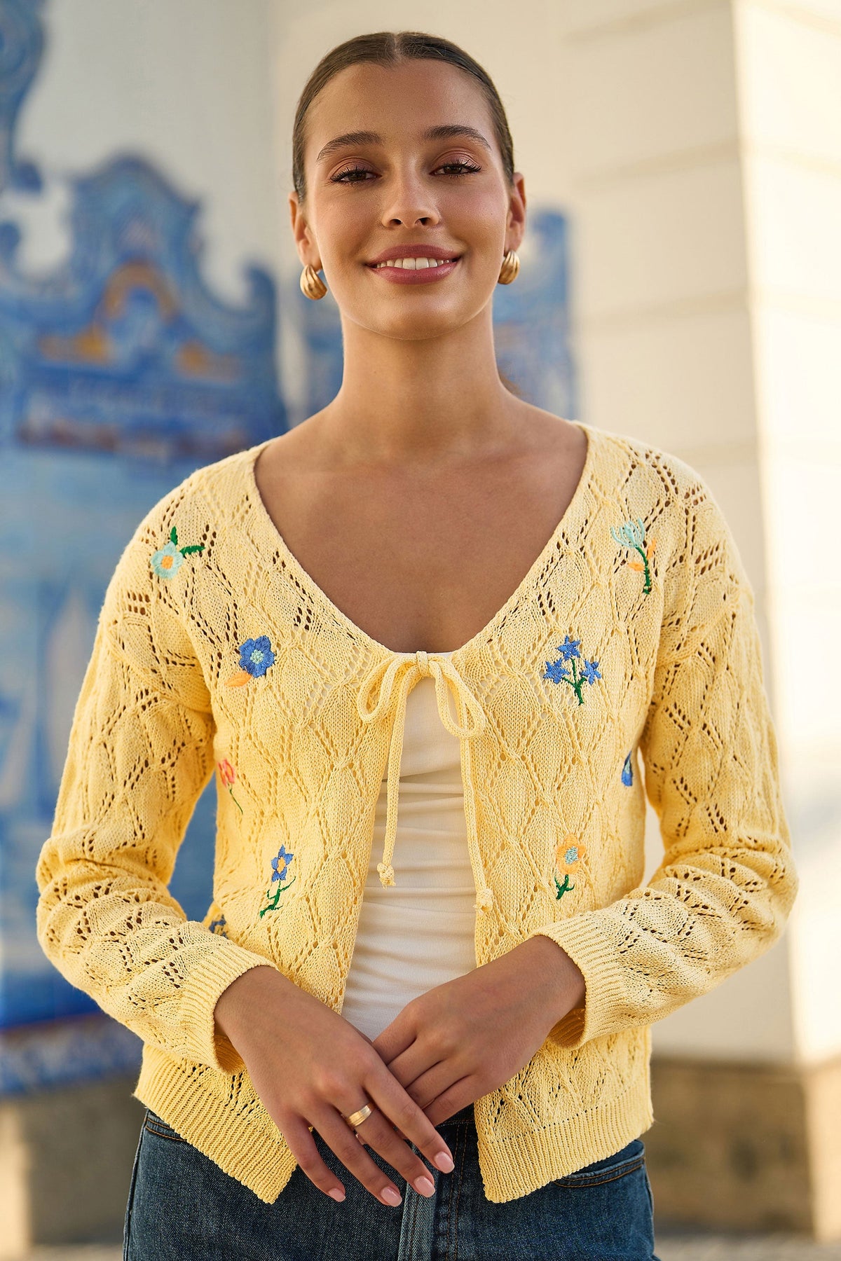Yumi Butter Yellow Embroidered Pointelle Cardigan