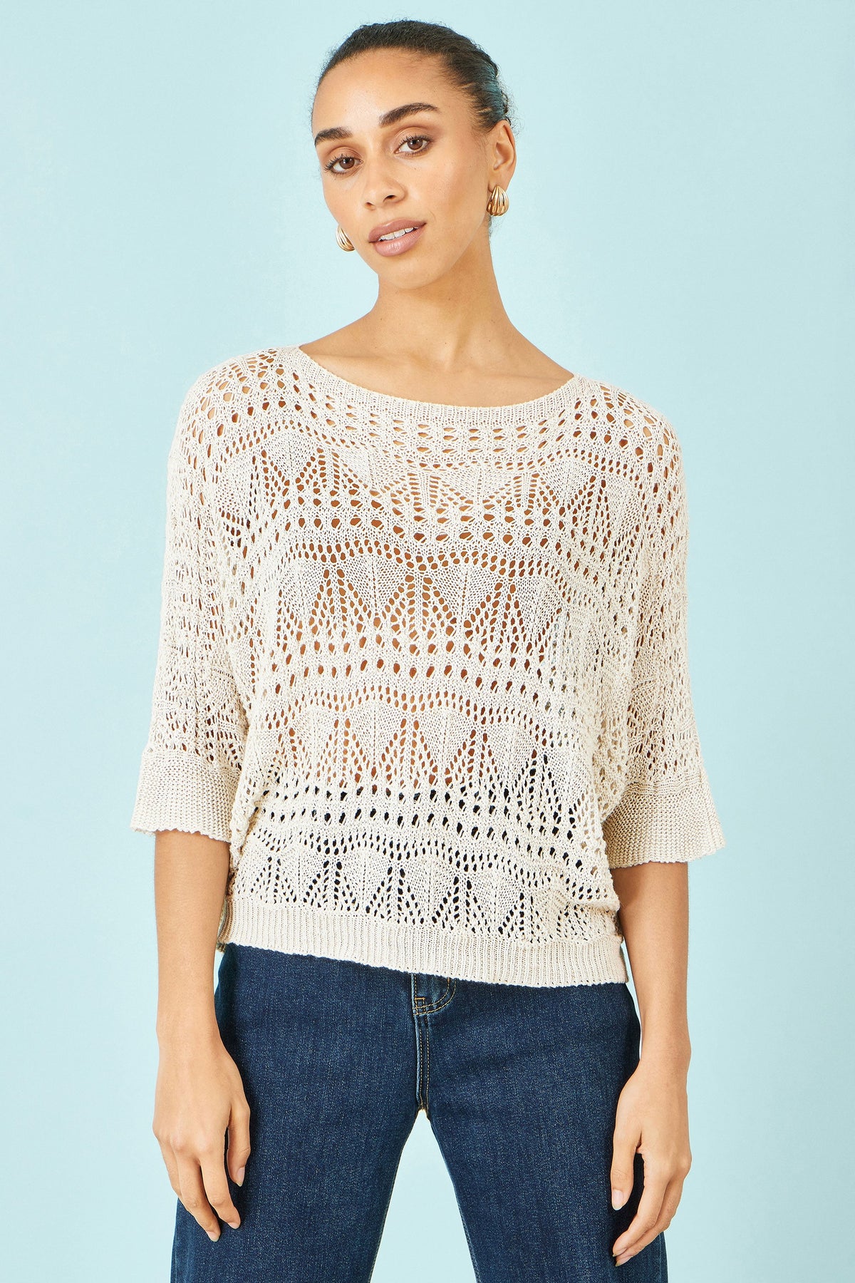 Yumi Beige Cotton Mix Relaxed Fit Pointelle Jumper