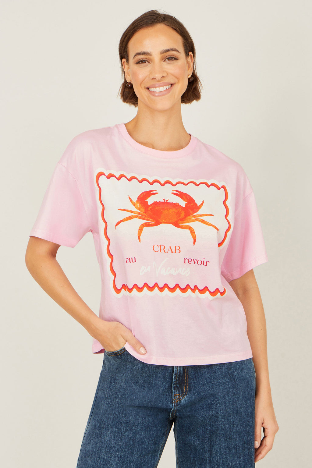 Yumi Pink Crab Vacation Print T Shirt