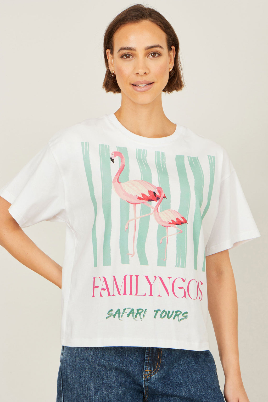 Yumi White Retro Relaxed Flamingo Cotton T Shirt