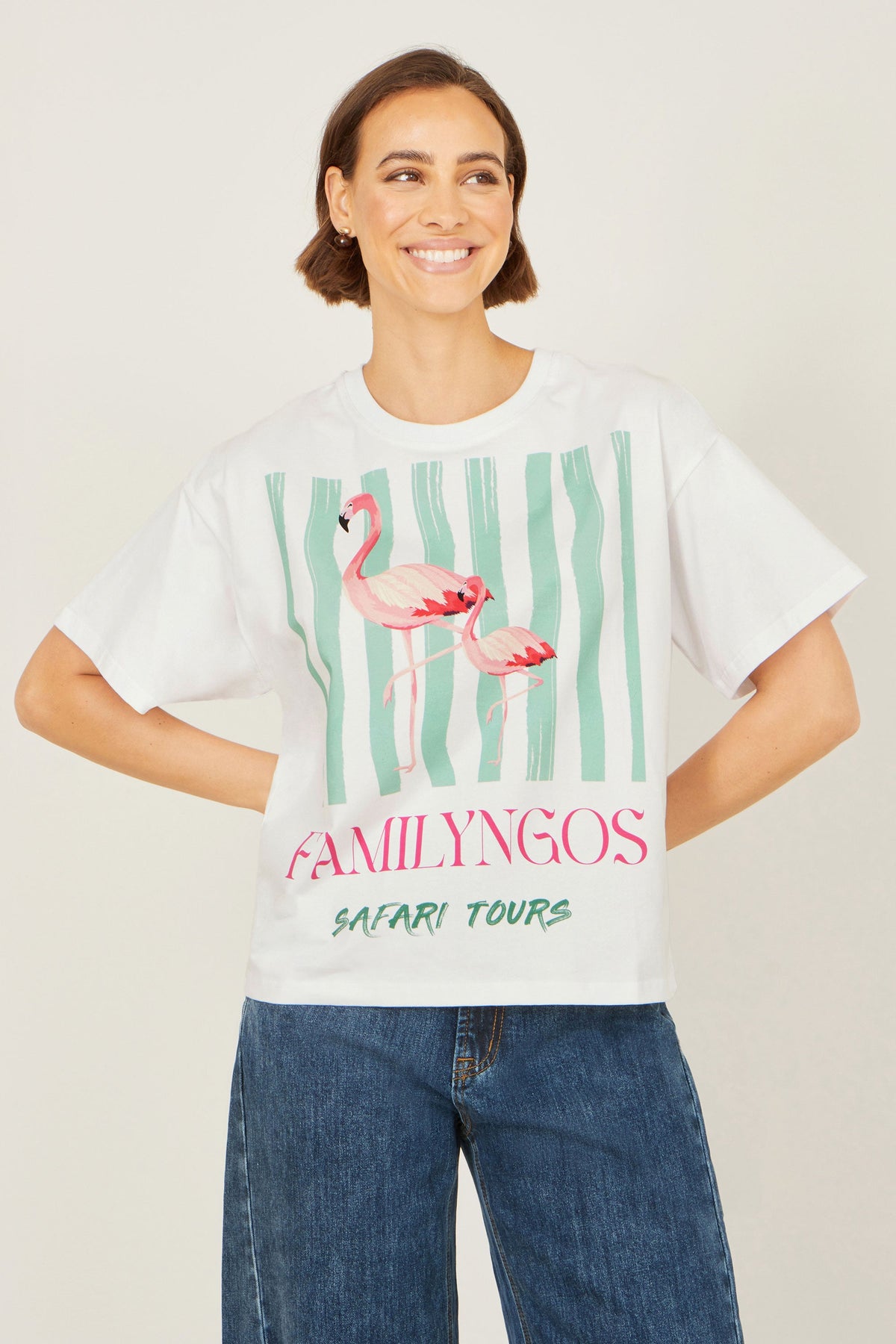 Yumi White Retro Relaxed Flamingo Cotton T Shirt