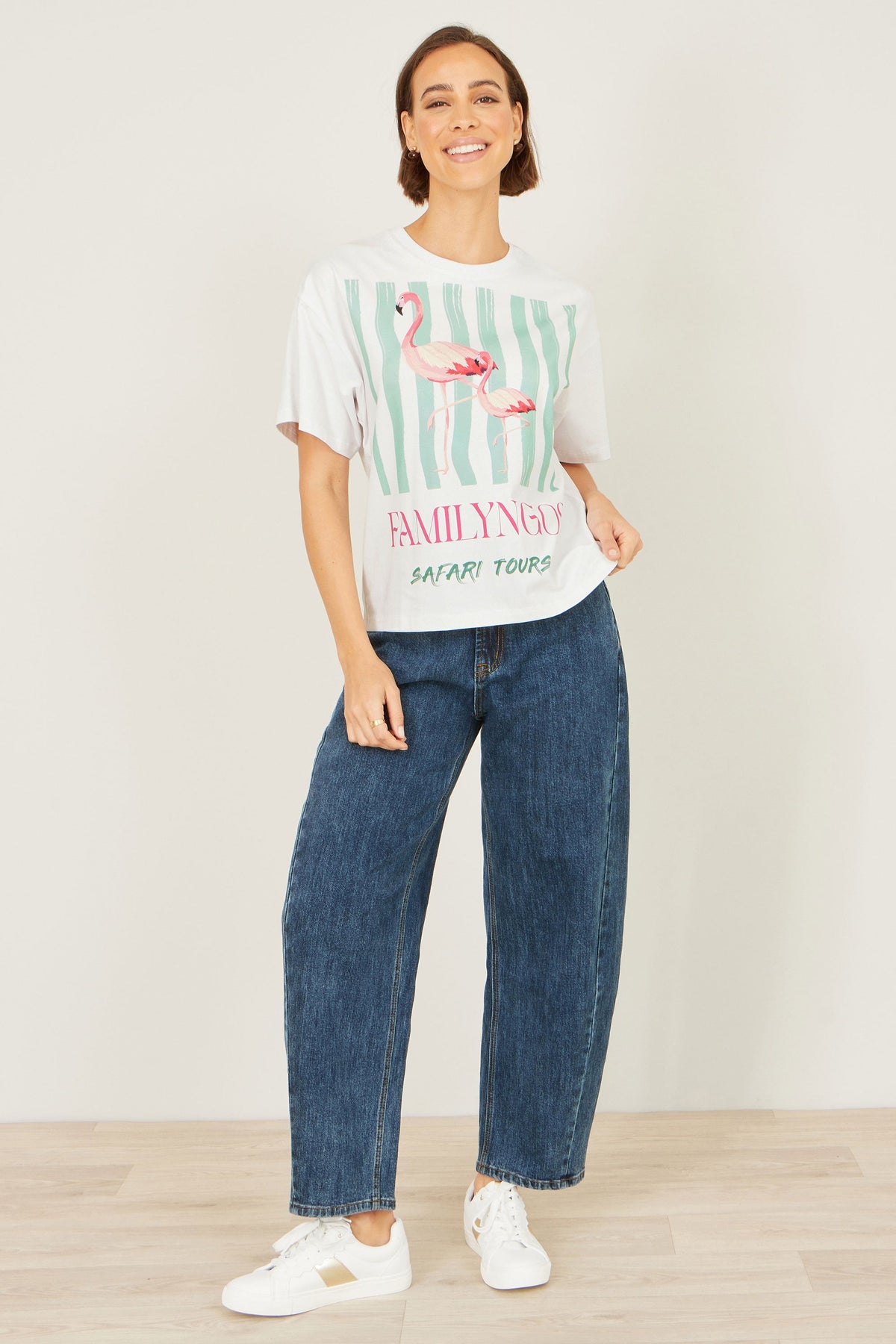 Yumi White Retro Relaxed Flamingo Cotton T Shirt