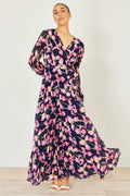 Yumi Navy Orchid Floral Pleated Wrap Maxi Dress