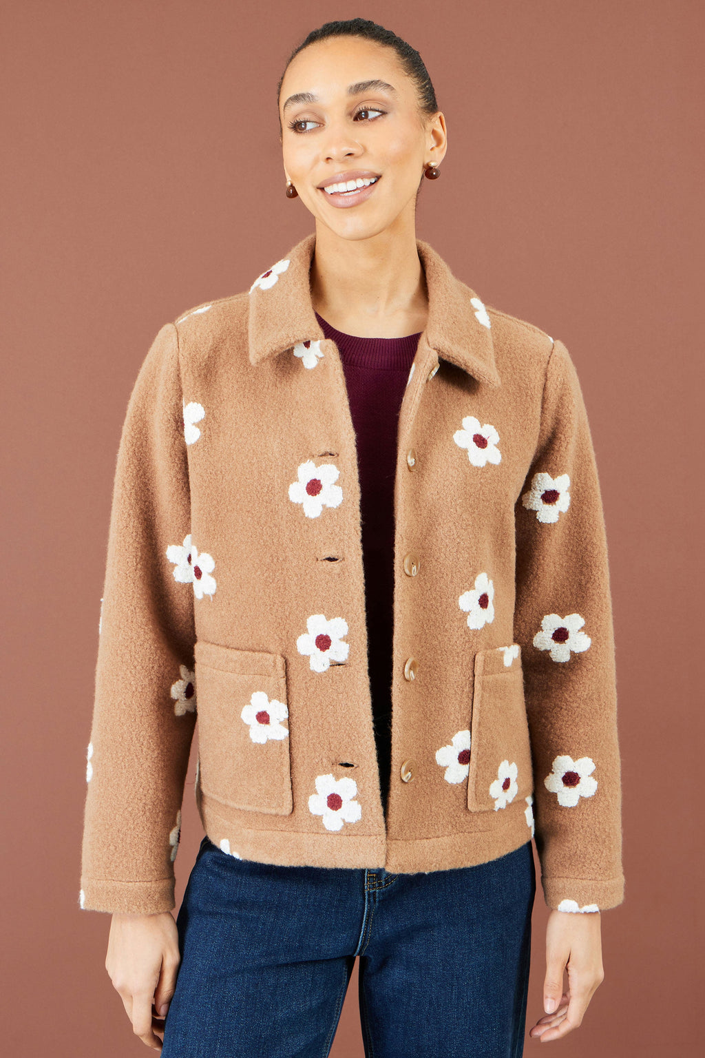 Yumi Brown Embroidered Daisy Fleece Jacket