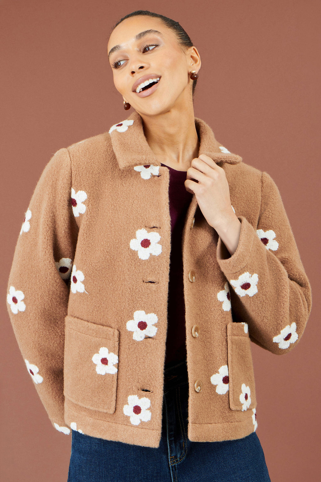 Yumi Brown Embroidered Daisy Fleece Jacket