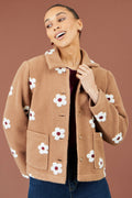 Yumi Brown Embroidered Daisy Fleece Jacket