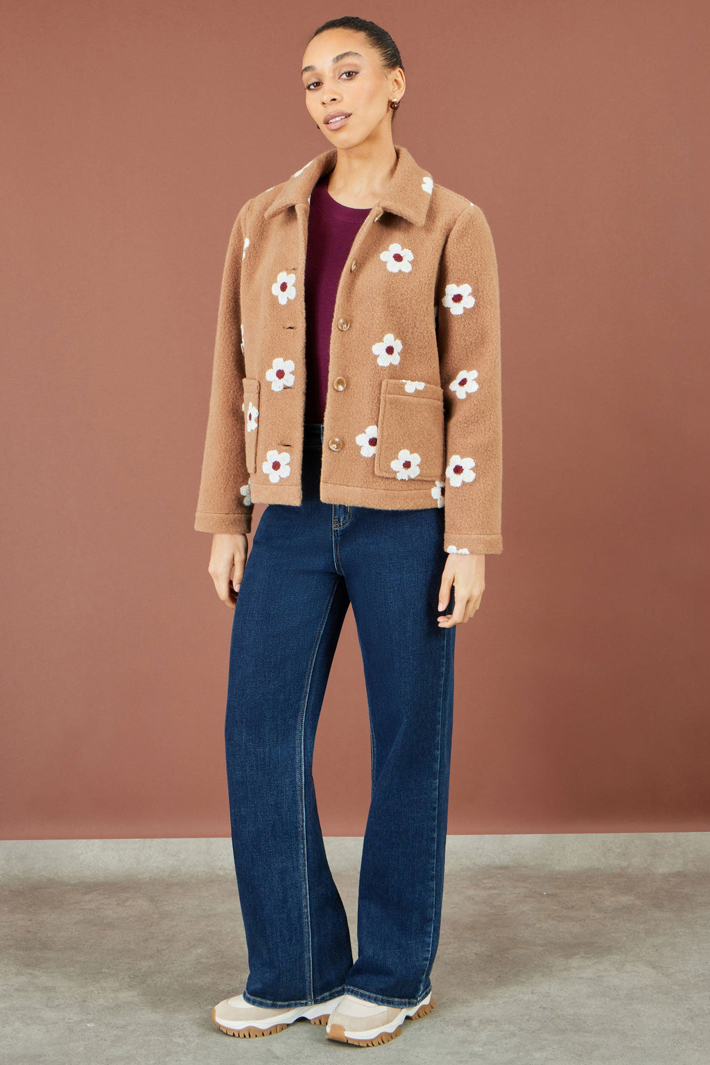 Yumi Brown Embroidered Daisy Fleece Jacket