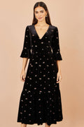 Yumi Black Velvet Embroidered Midi Dress