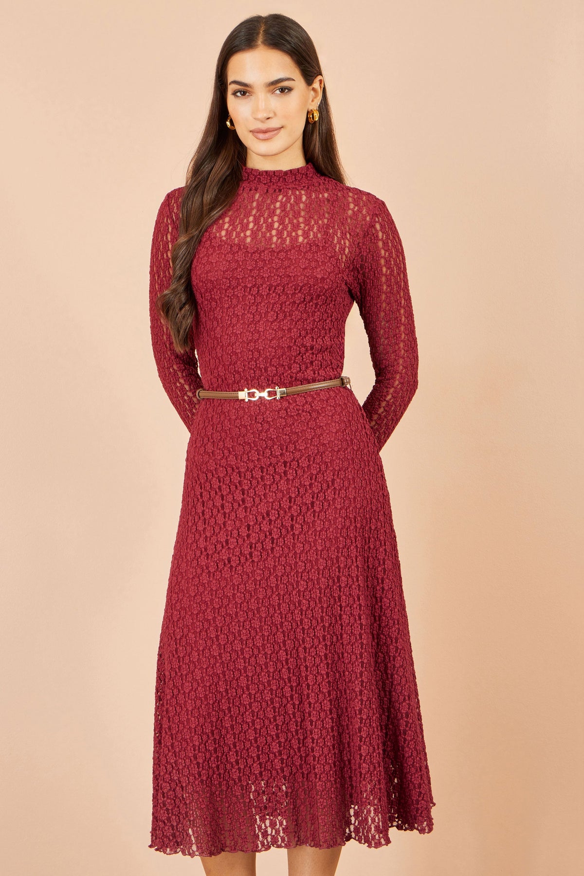 Yumi Burgundy High Neck Lace Midi Dress