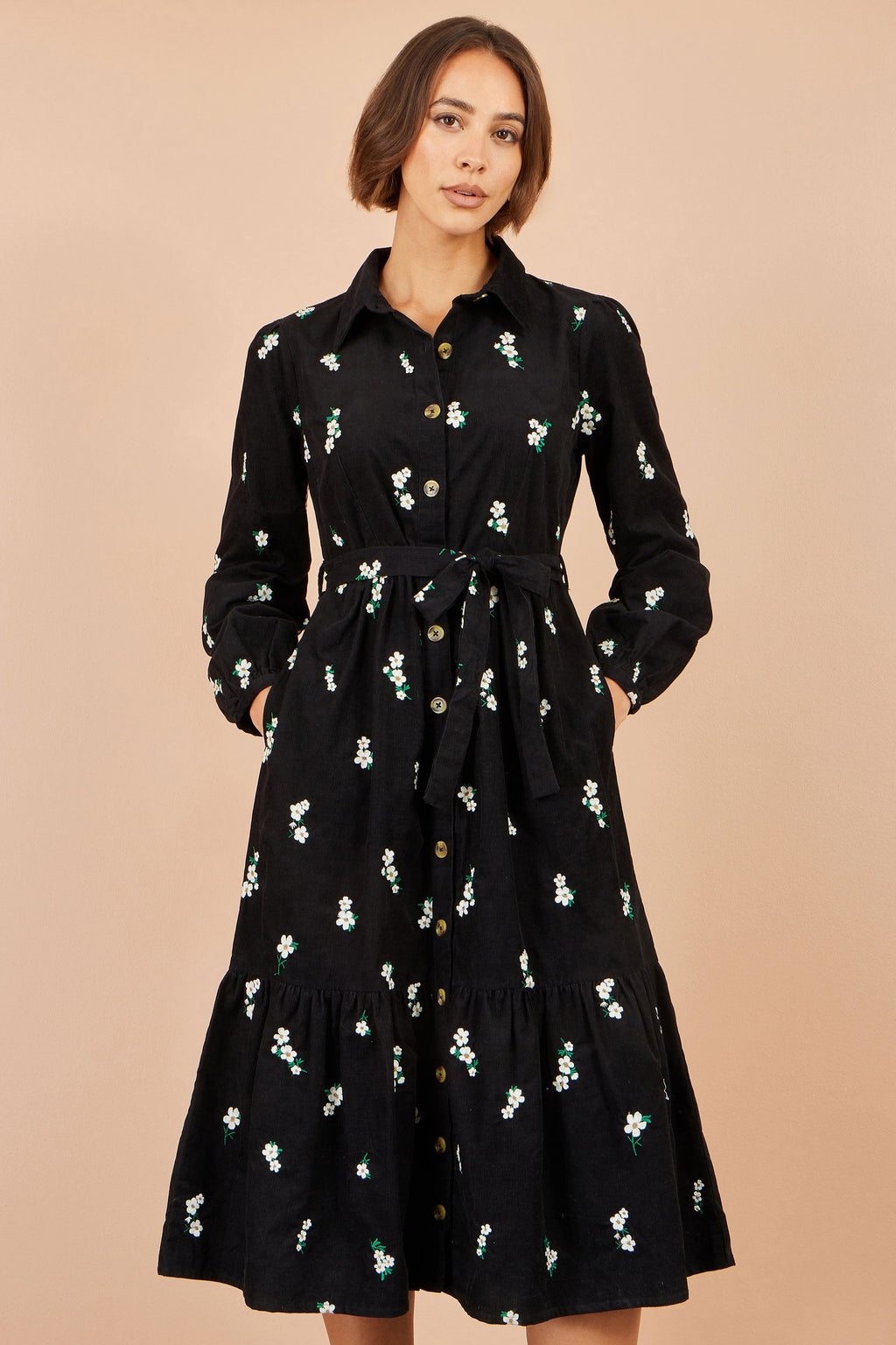 Yumi Black Daisy Embroidered Cord Shirt Dress