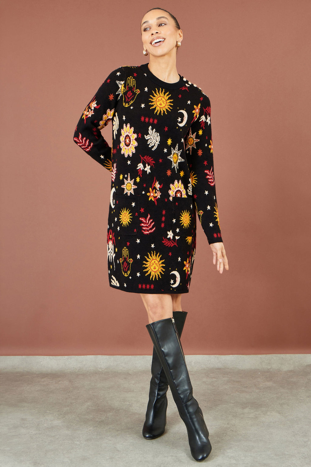 Yumi Black Cosmic Intarsia Knitted Tunic Dress