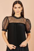 Yumi Black Velvet Mesh Embellished Top