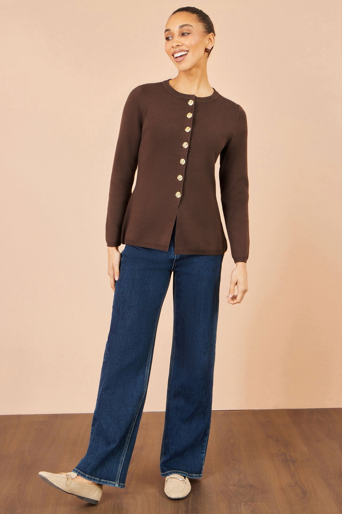 Yumi Brown Knitted Fitted Peplum Cardigan
