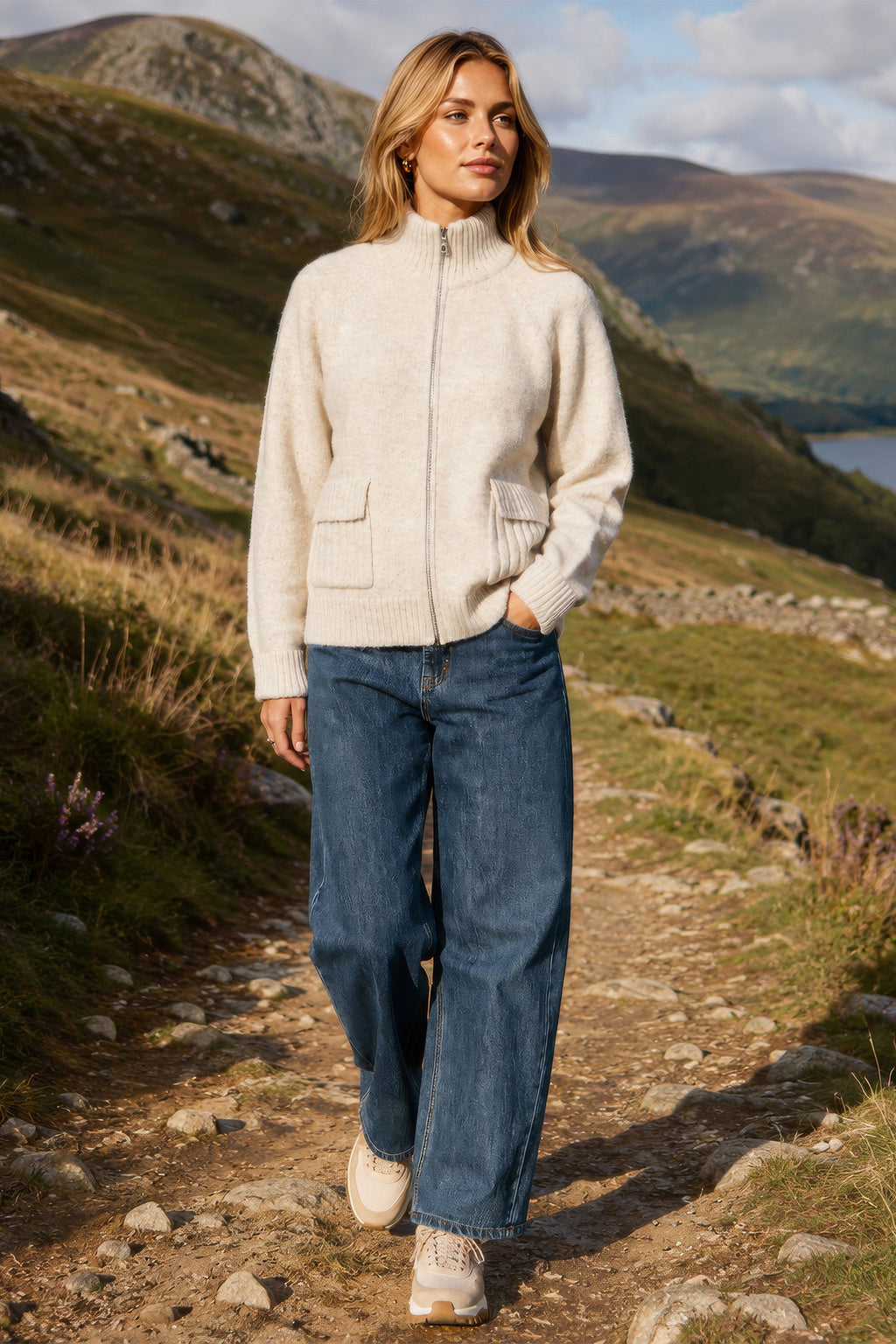 Yumi Oatmeal Zip Up Cardigan